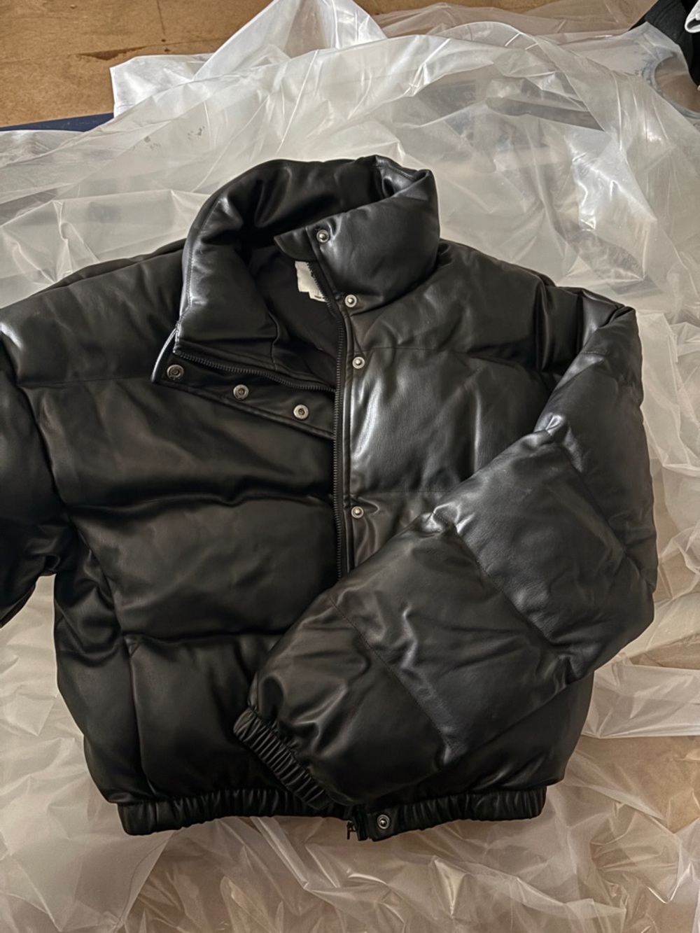 WORN ONCE YITTY Black Quilted Faux-Leather Puffer Jacket, Size S
